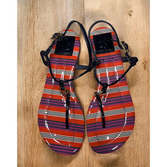 Tory Burch Emmy Patent Calf T-Strap Stripe Sandal Size 7M - Picture 4 of 11